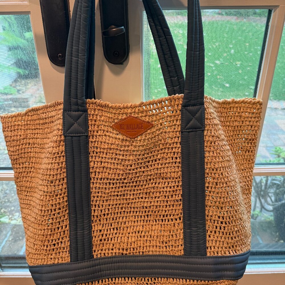 MZ Wallace Raffia Tote with Blue Nylon trim